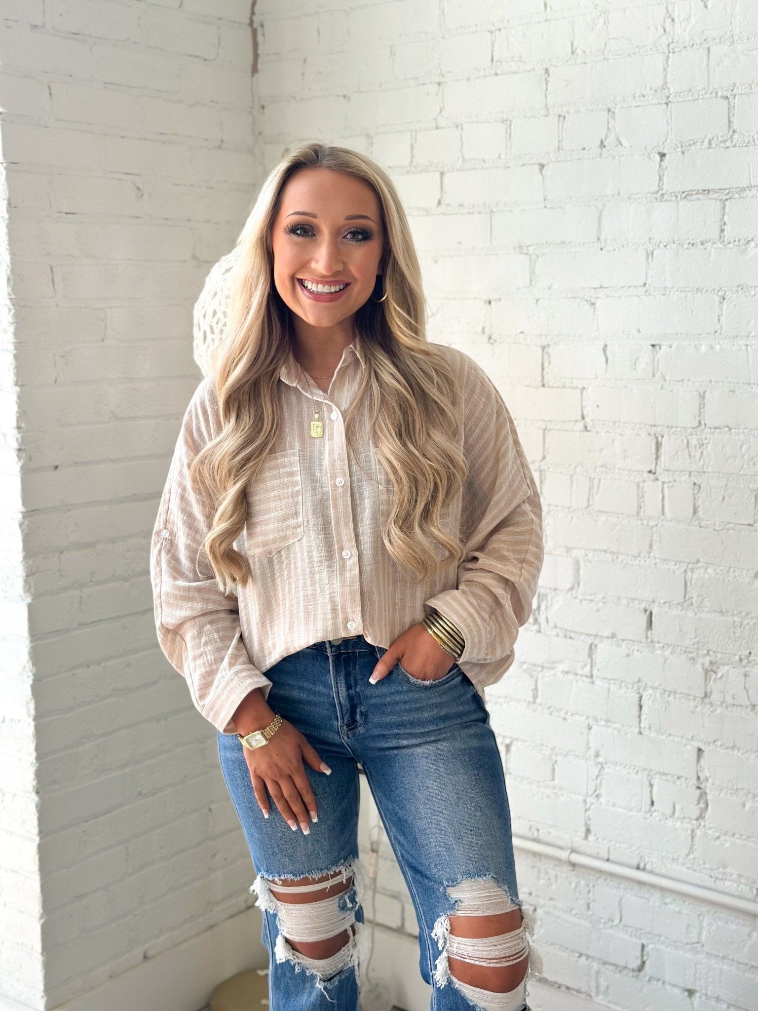 Allie Rose Linen Blend Striped Button Up Top - Lavish Boutique01-TOPS