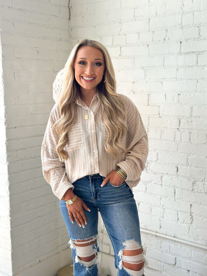 Allie Rose Linen Blend Striped Button Up Top - Lavish Boutique01-TOPS
