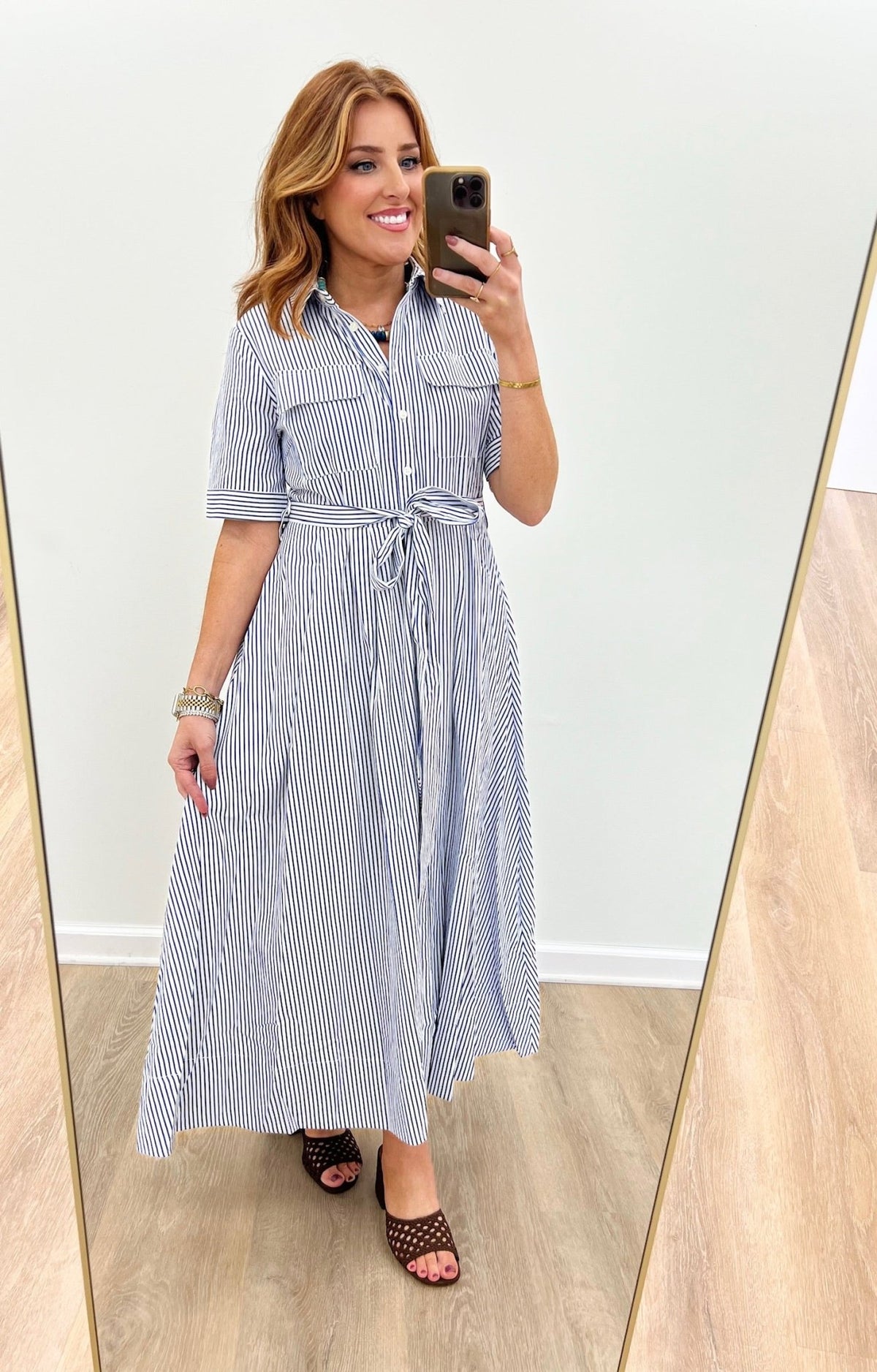 Navy seersucker stripe on a lightweight cotton blend maxi dress