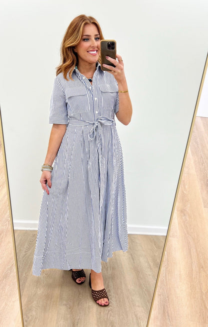 Navy seersucker stripe on a lightweight cotton blend maxi dress