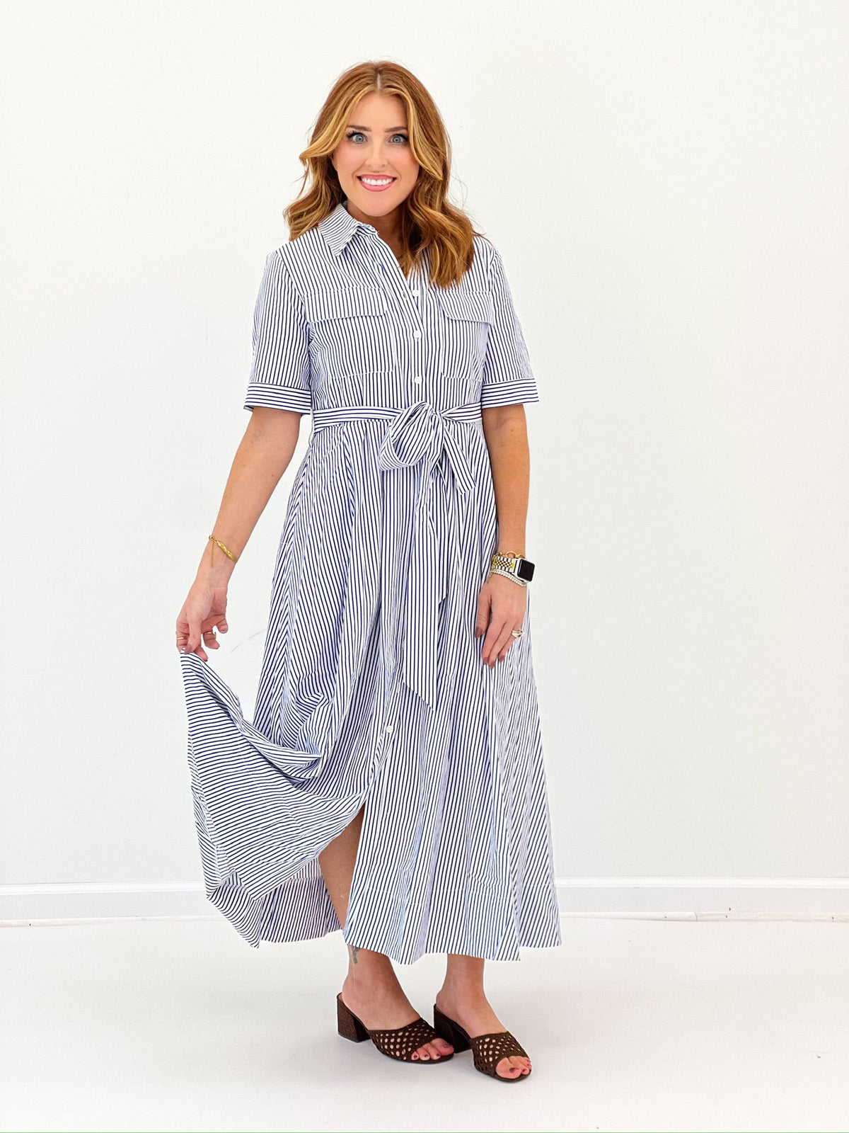 Navy stripe maxi dress with a long, easy skirt