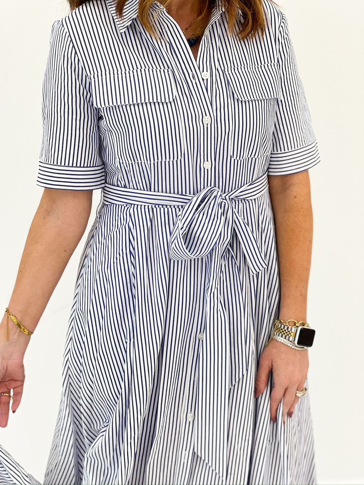 Seersucker maxi dress in a classic navy stripe