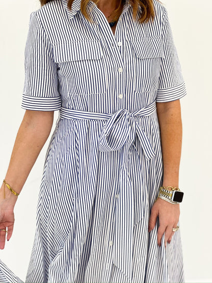 Seersucker maxi dress in a classic navy stripe
