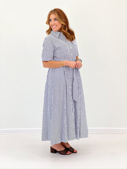 Striped seersucker maxi dress with a textured, summer-weight finish