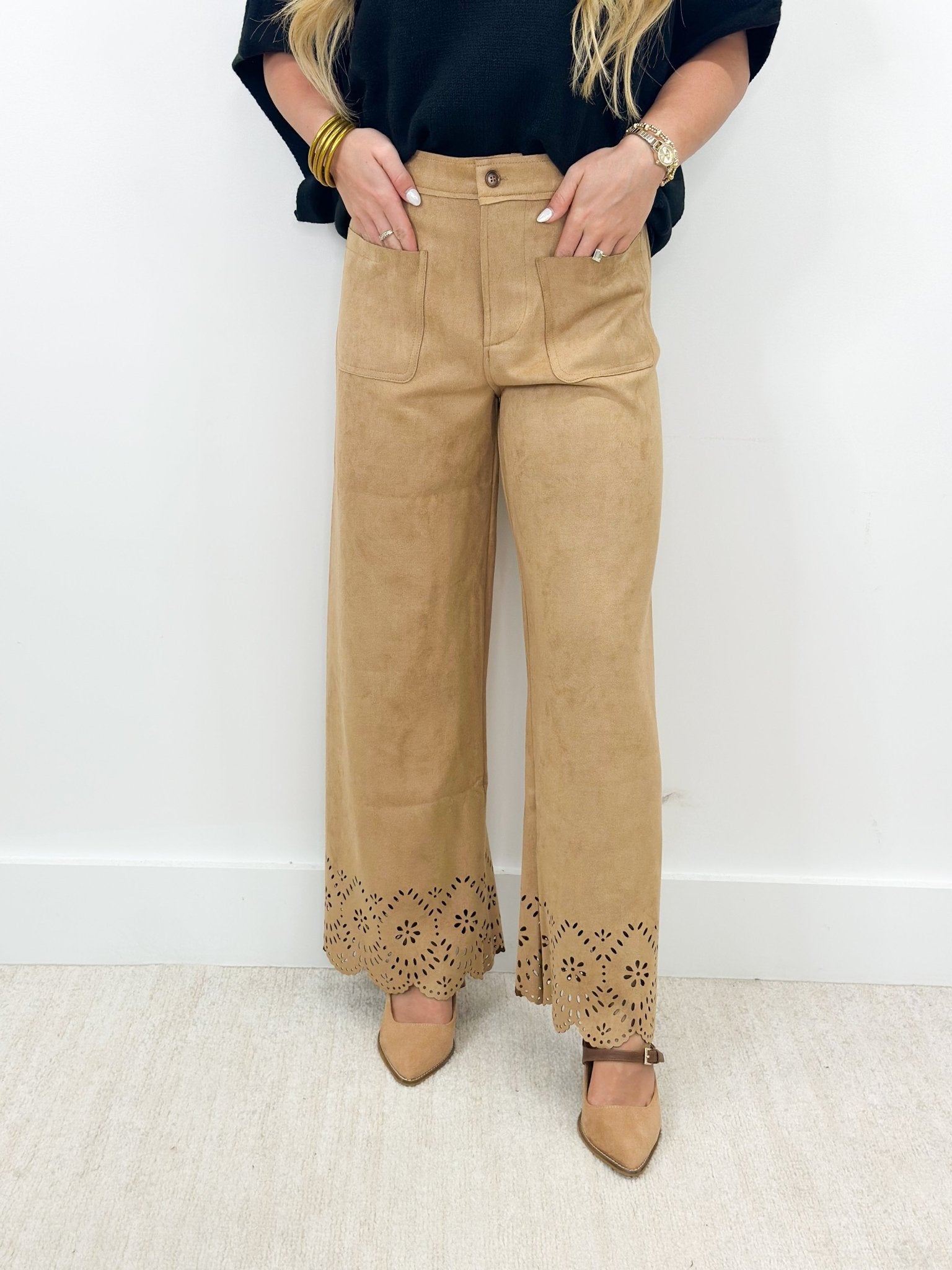 Faux suede pants with laser cut detailing down the leg