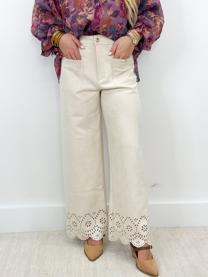 Faux suede wide leg pants with laser cut cutwork detail