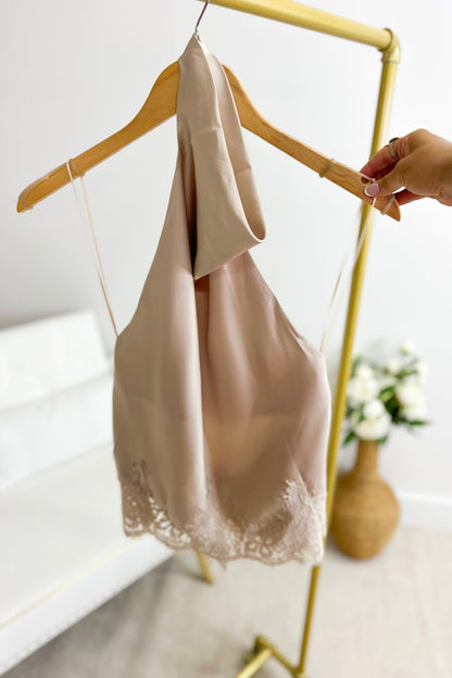 Almond Satin Halter Neck Sleeveless Top - Lavish Boutiquetops