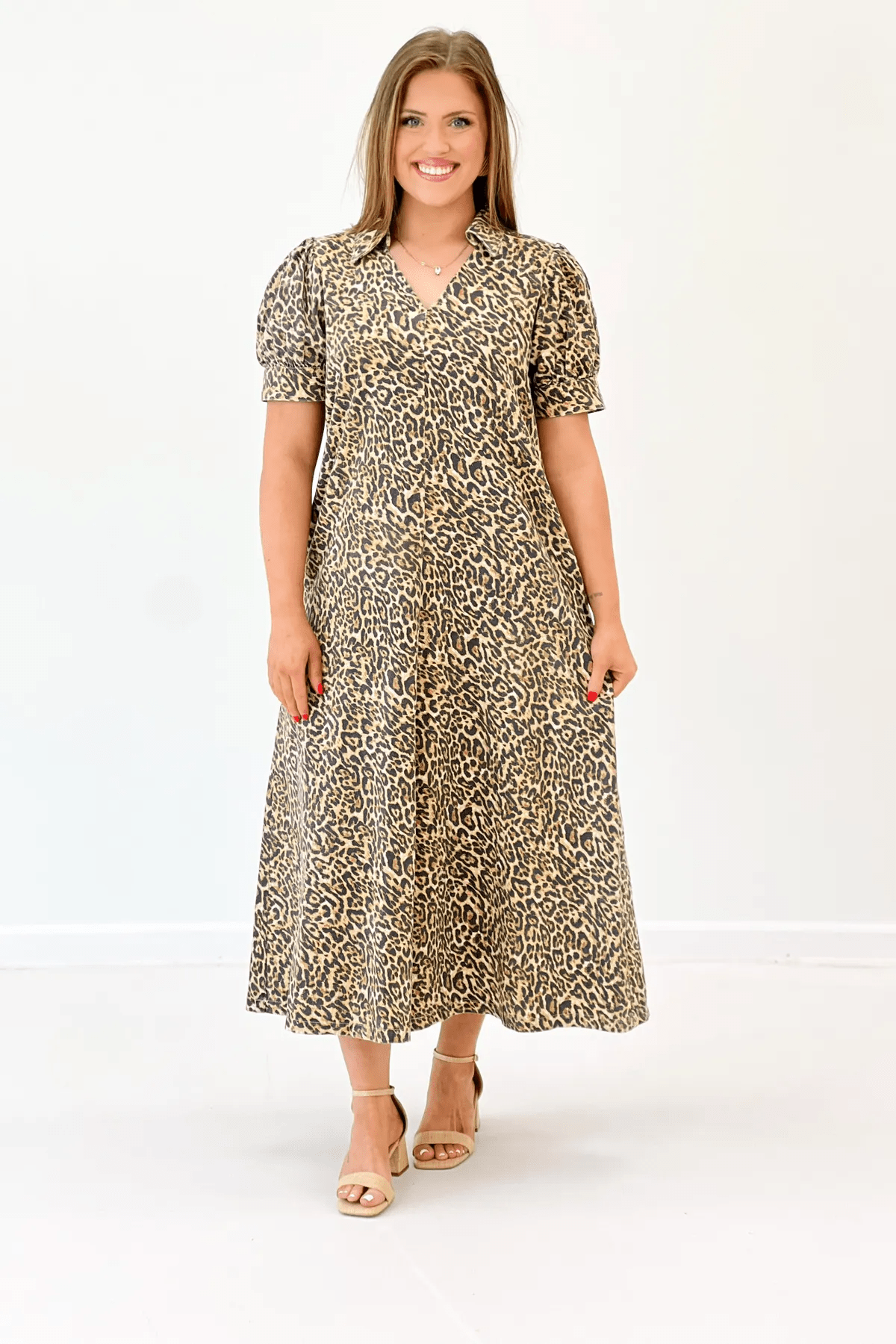 Full-length animal print dress with short sleeves