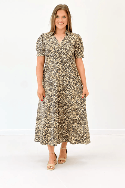 Full-length animal print dress with short sleeves