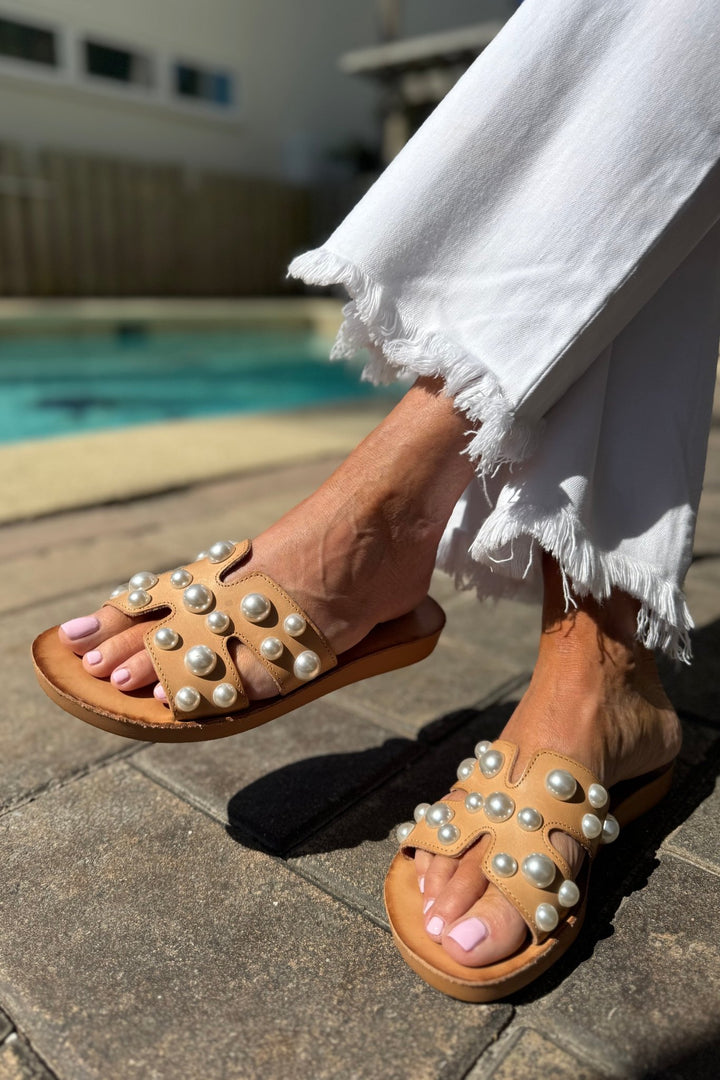 Antelope Alex Taupe Leather Pearl Sandal - Lavish Boutique Shoes