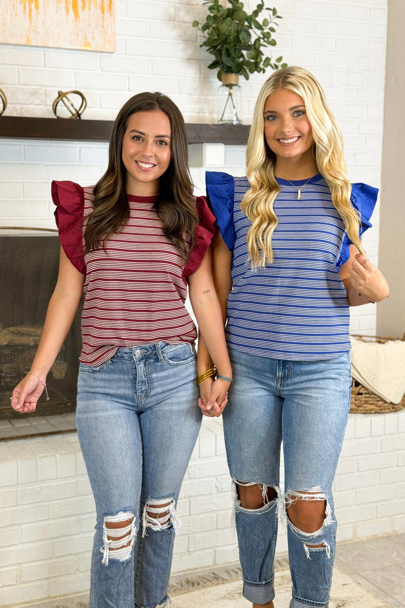 Blue Mixed Media Striped Knit Top