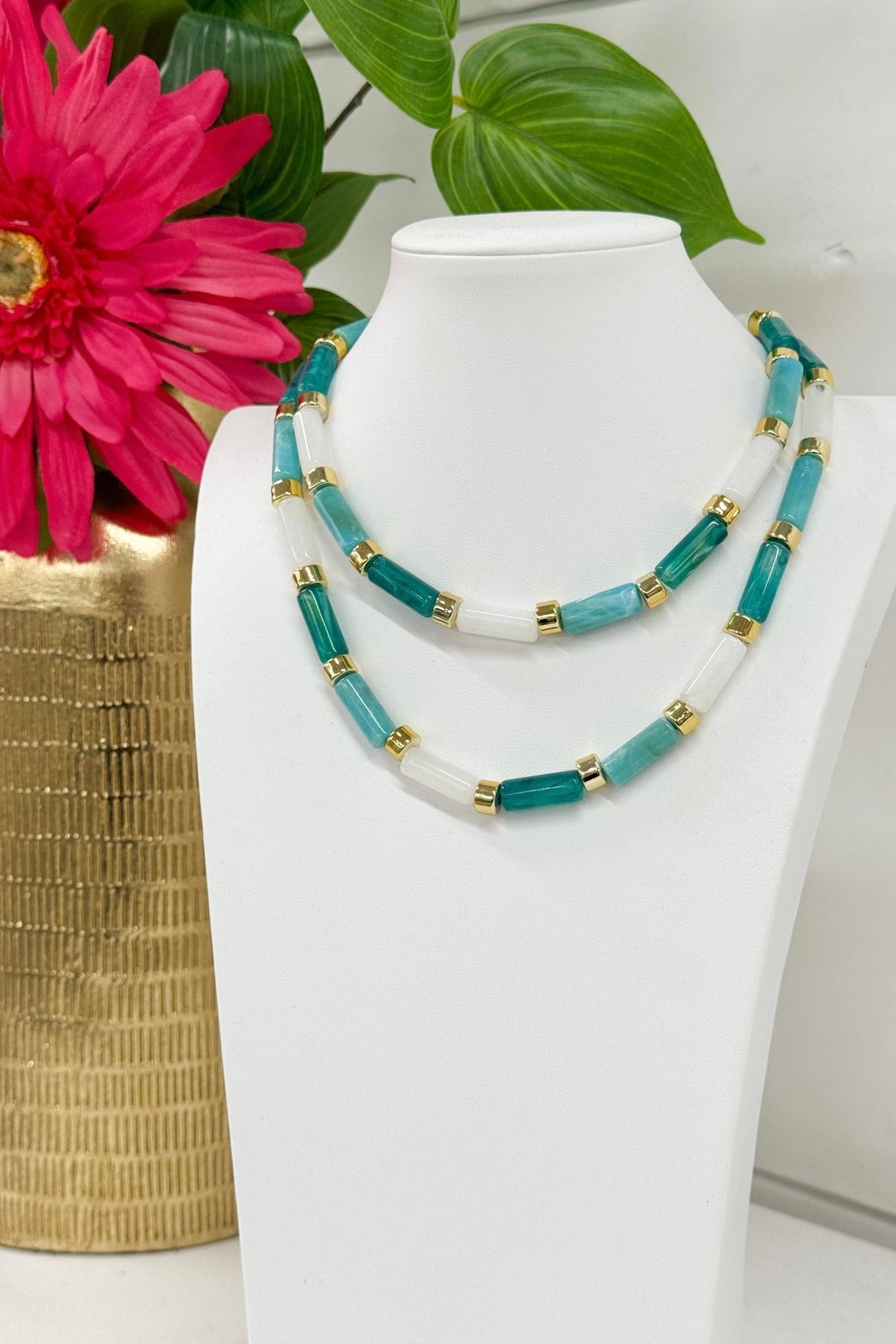 Aqua beaded bar necklace