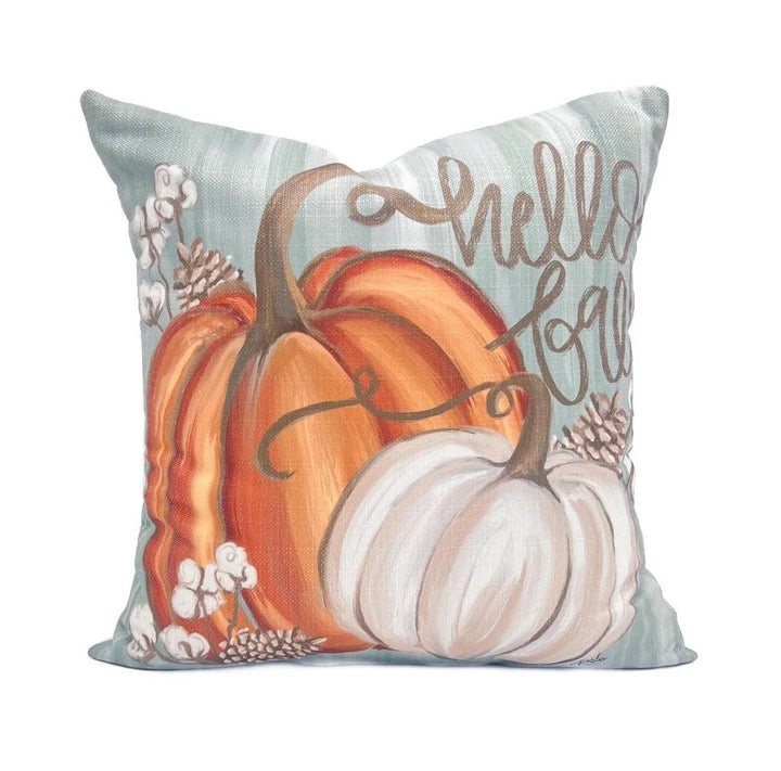 Aqua velvet fall throw pillow with a pumpkin design