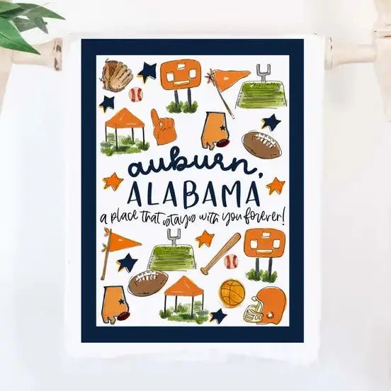 Tea towel with an Auburn multi-sport illustration