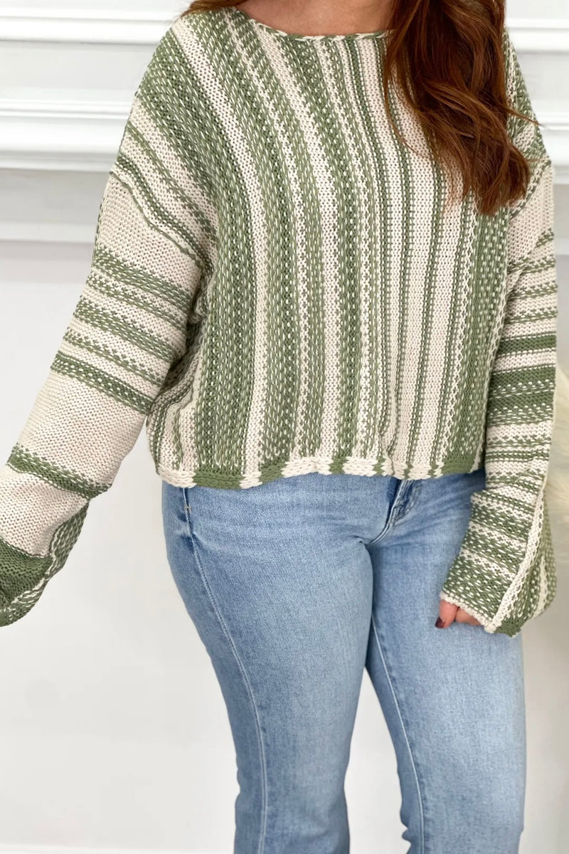 Cream and Olive Mixed Stripe Sweater