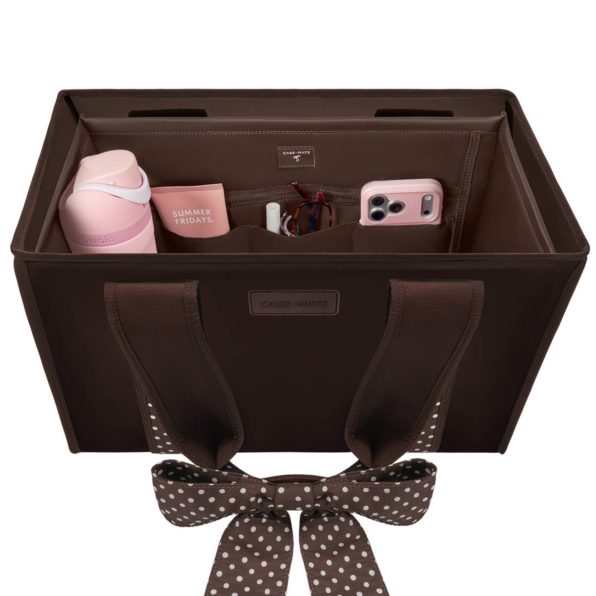 Espresso tote organizer with front pockets and open top showing phone and card slots