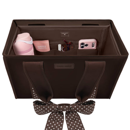 Espresso tote organizer with front pockets and open top showing phone and card slots