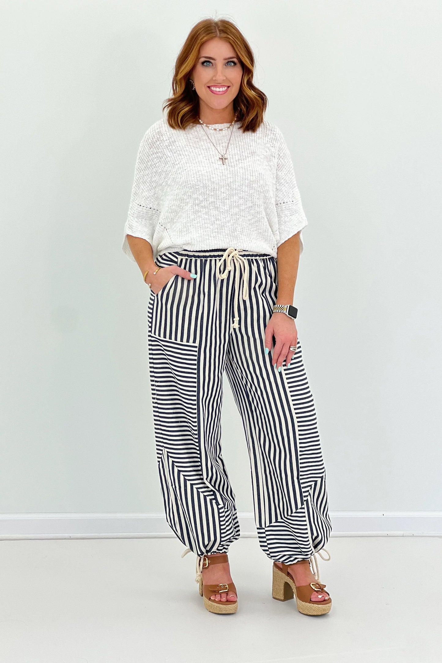 Relaxed striped tie-waist pants with elastic waistband and drawstring, wide-leg dark blue