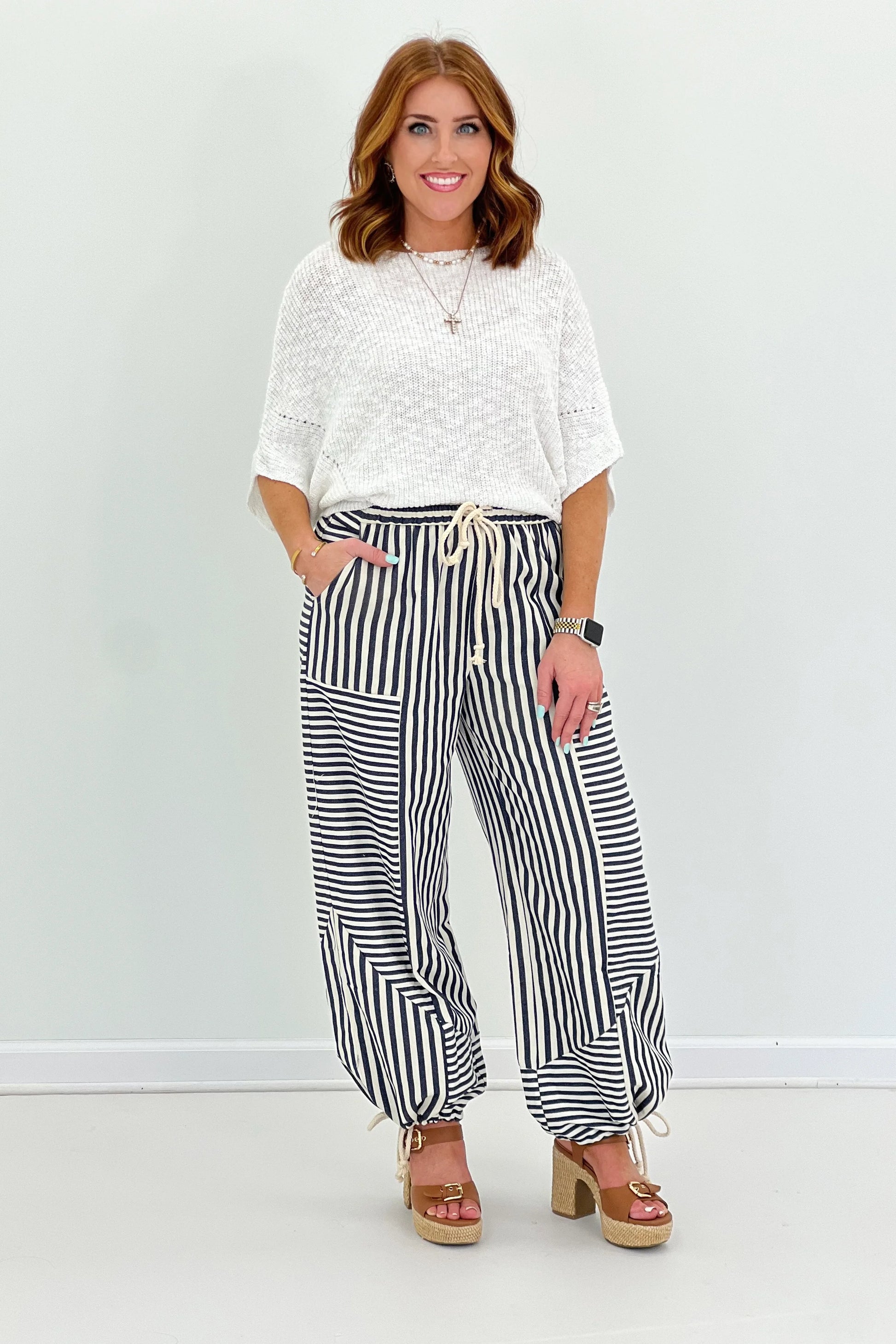 Relaxed striped tie-waist pants with elastic waistband and drawstring, wide-leg dark blue