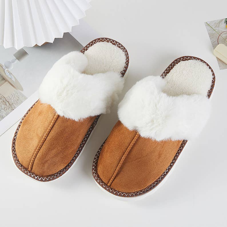 Camel faux fur lined indoor slippers with whipstitch edging