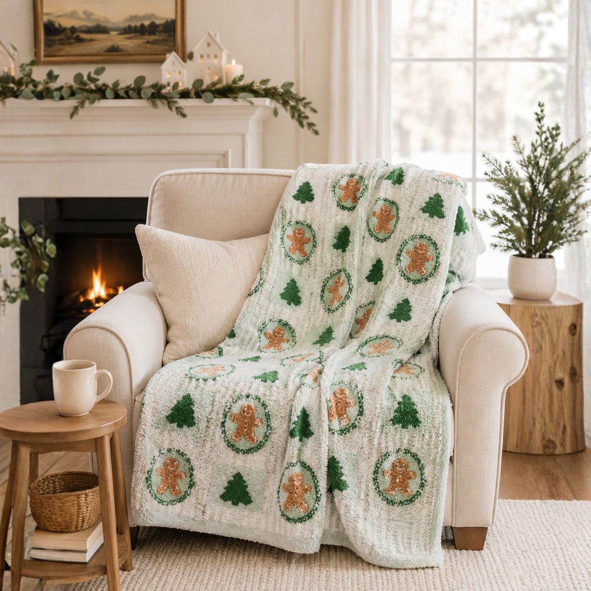 Mint and cream Thomas and Lee soft blanket draped over an armchair with gingerbread and trees.