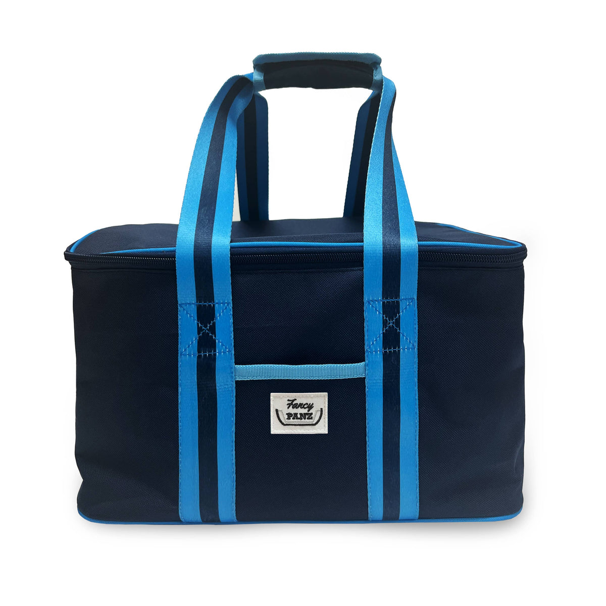 Blue insulated travel bag with zip-top, wide striped handles, and front logo patch.