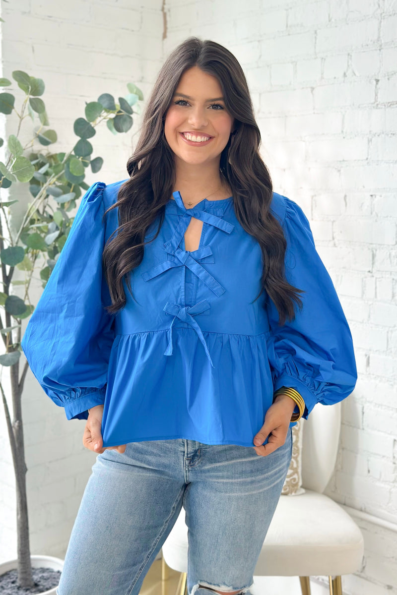 Cobalt Blue Bow Tie Front Half Sleeve Top
