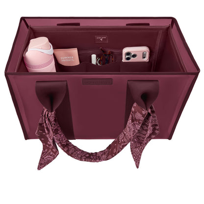 Burgundy tote organizer insert with top dividers and attached fabric handles for carrying