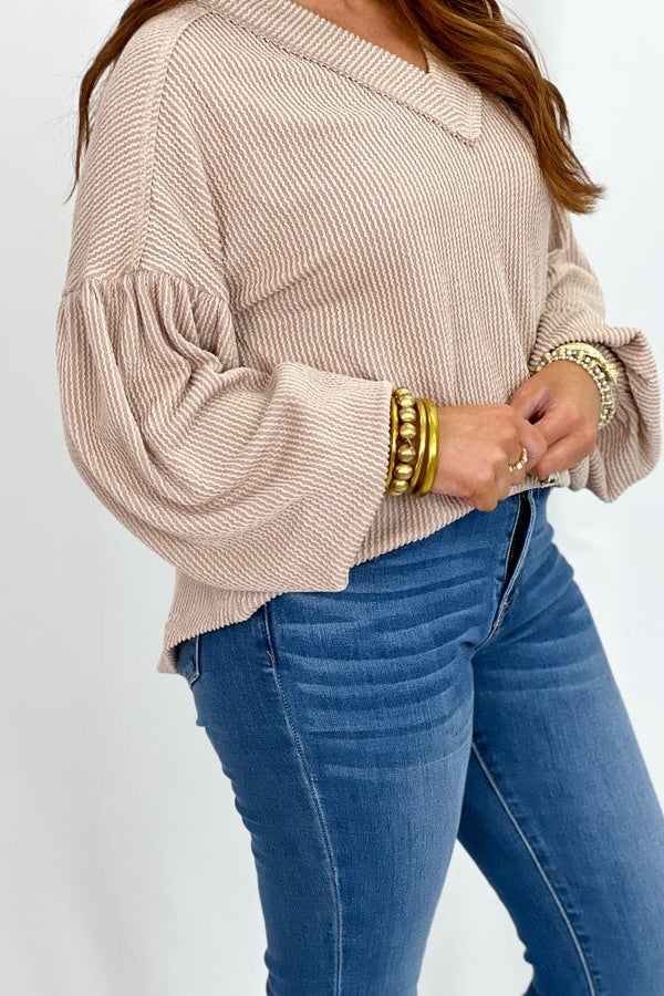 Oatmeal Ribbed V-Neck Long Sleeve Top