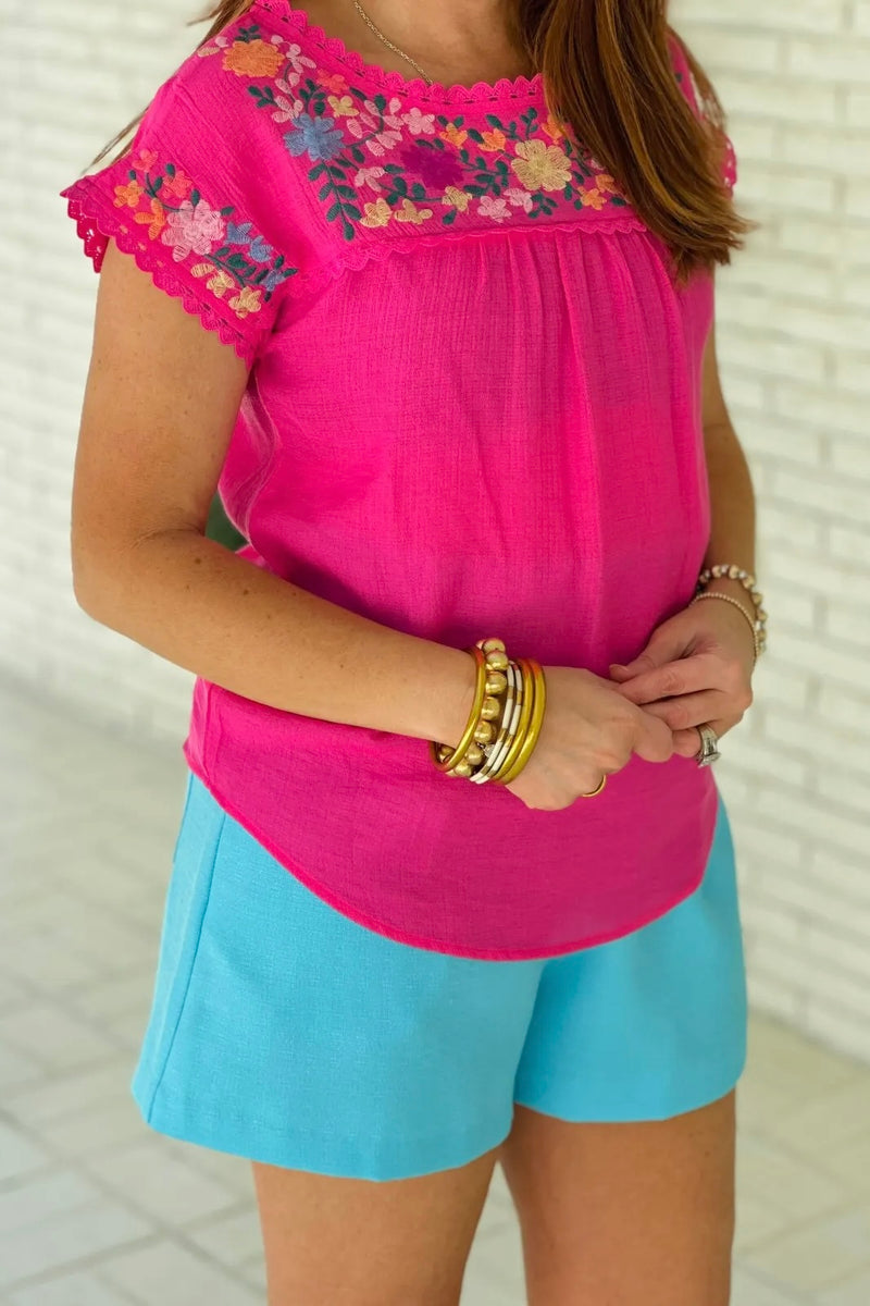 Fuchsia Floral Embroidered Lace Trim Top
