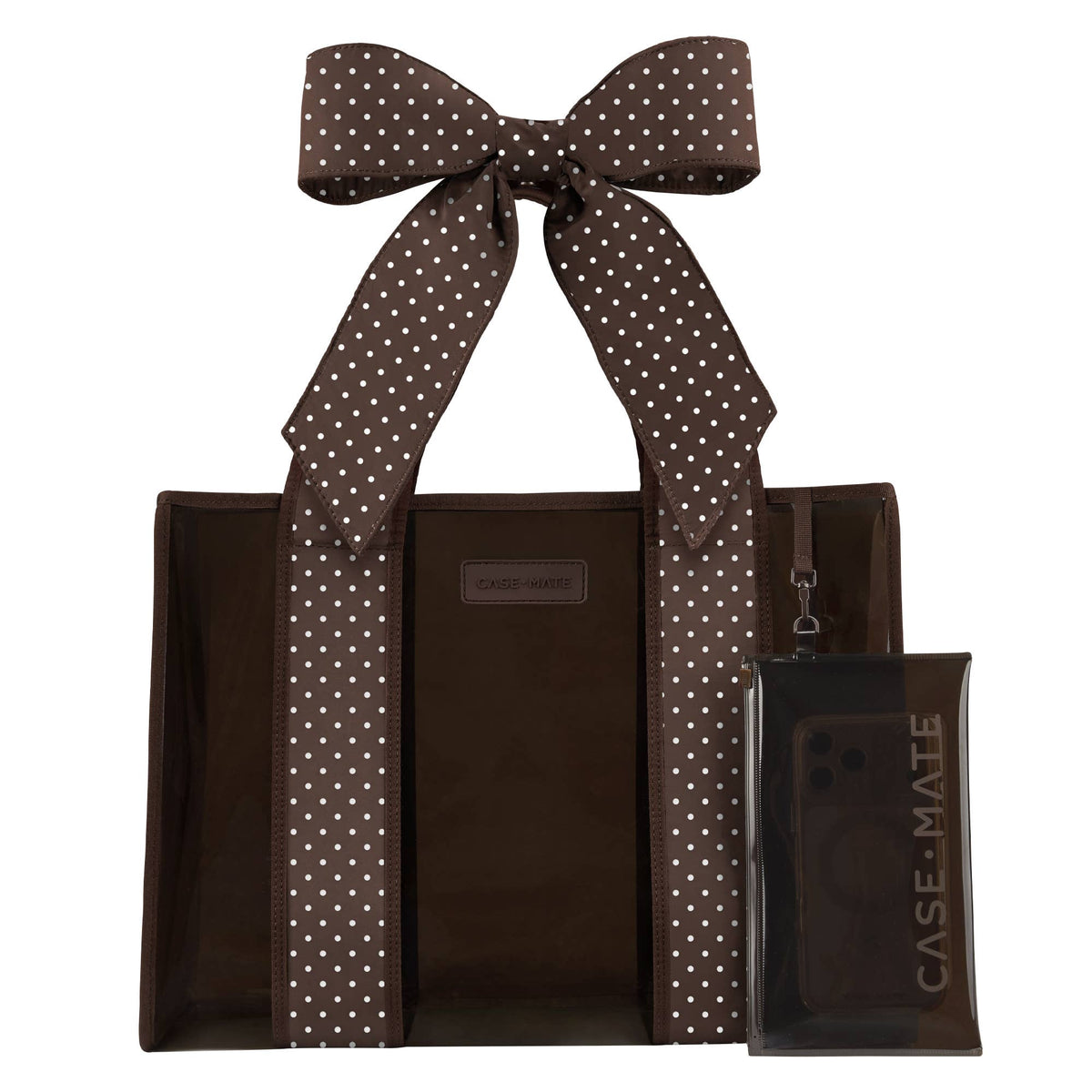 Espresso-brown jelly tote bag with white polka-dot ribbon bow and front zip pocket