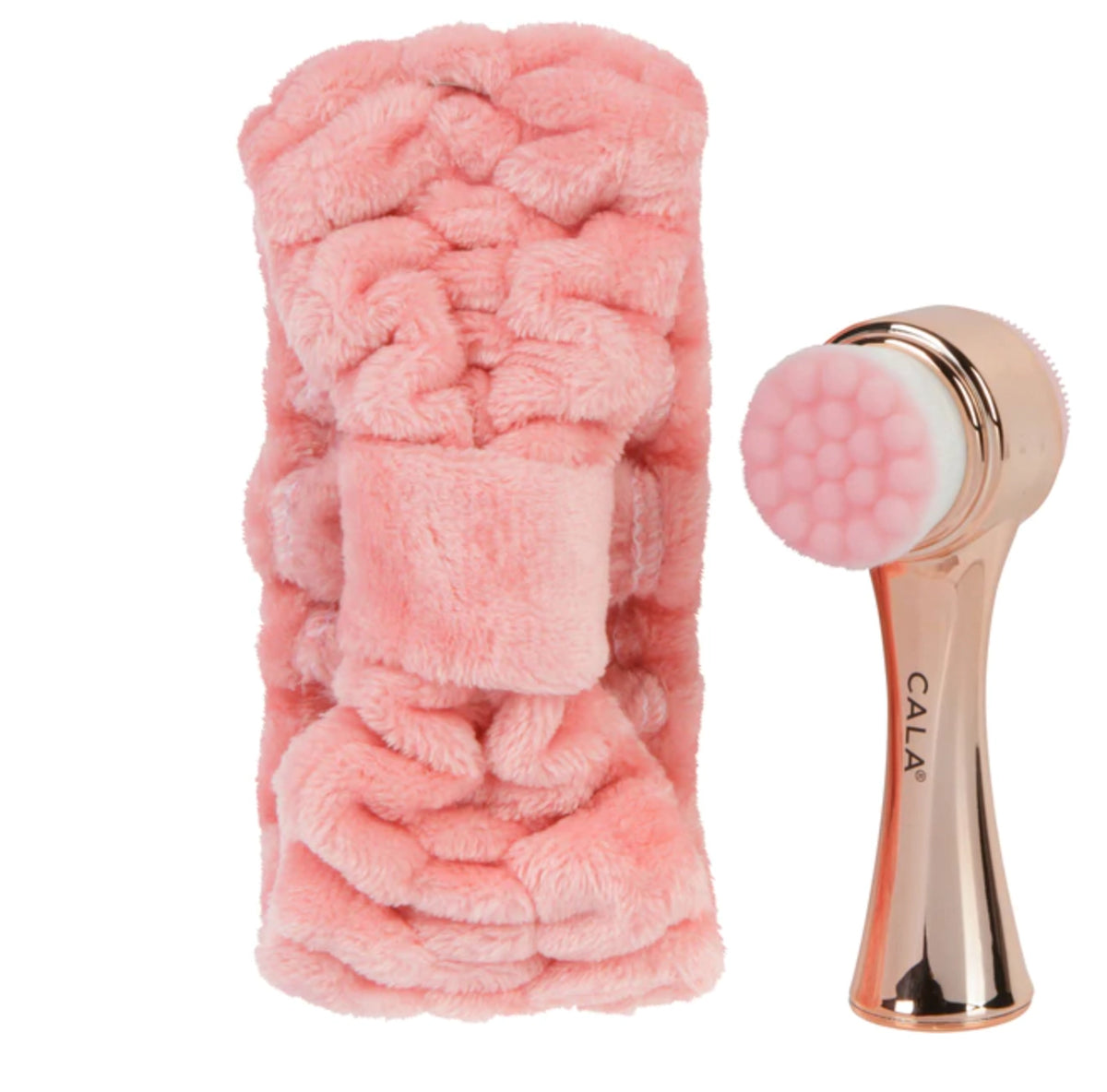 CALA rose gold dual-sided facial brush with pink plush headband