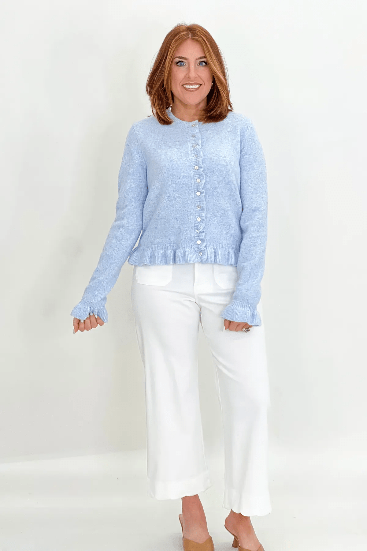 Baby Blue Ruffle Button Cardigan - Lavish Boutique01-TOPS