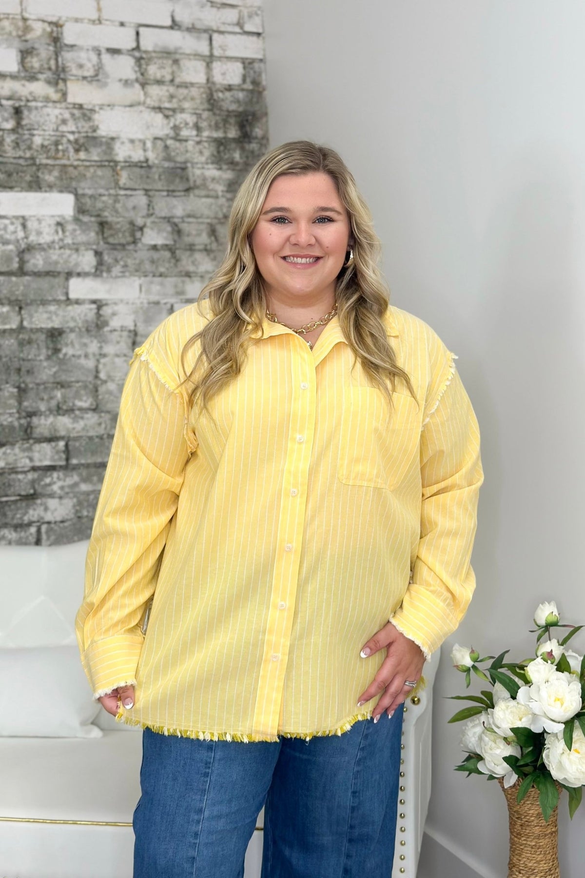 Banana White Stripe Woven Button Up Top - Lavish Boutique Tops