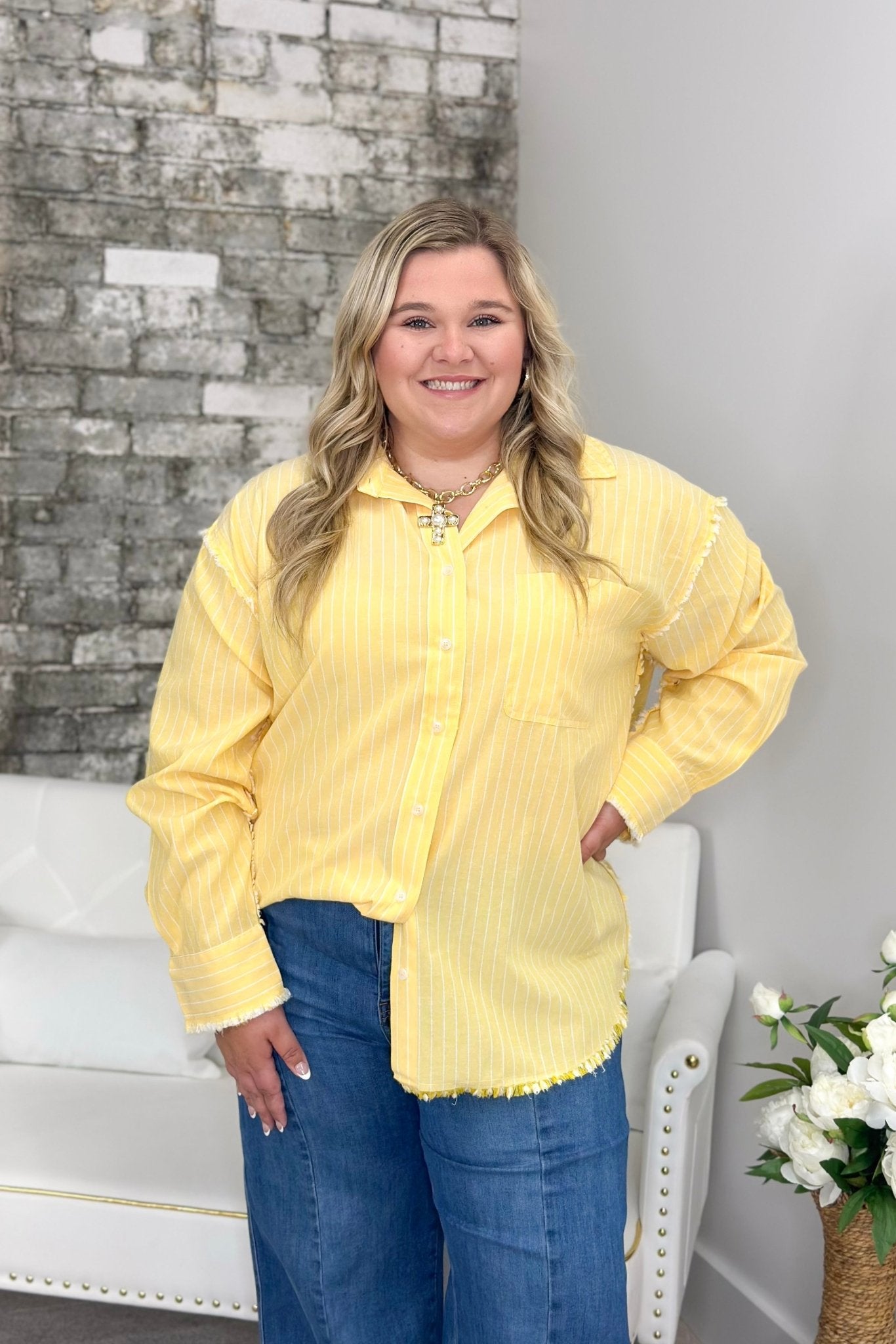 Banana White Stripe Woven Button Up Top - Lavish Boutique Tops