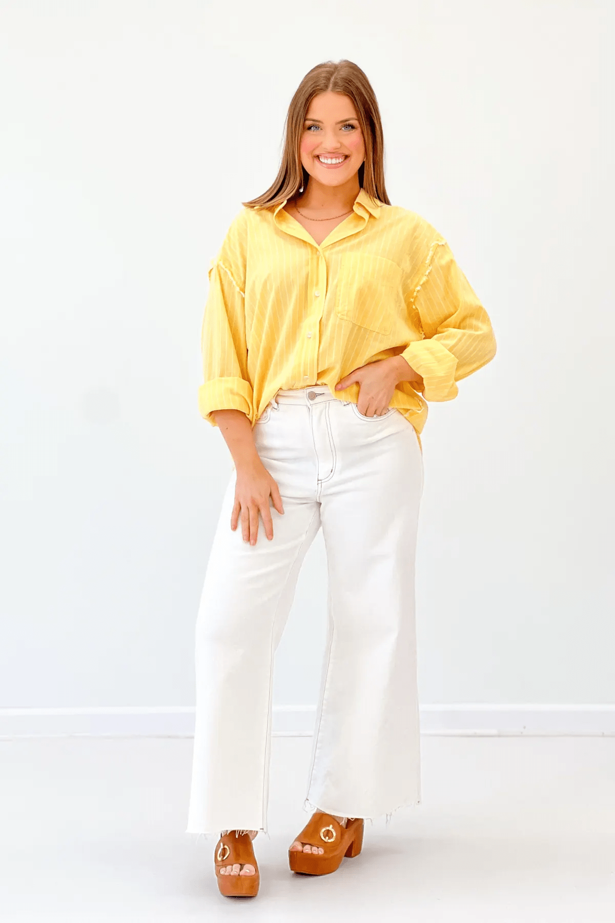 Banana White Stripe Woven Button Up Top - Lavish Boutique Tops