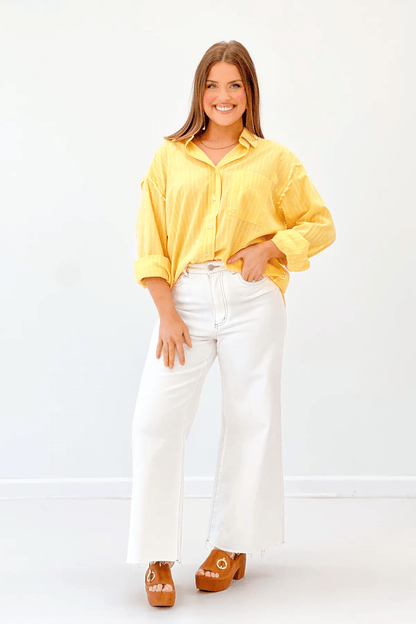 Banana White Stripe Woven Button Up Top - Lavish Boutique Tops