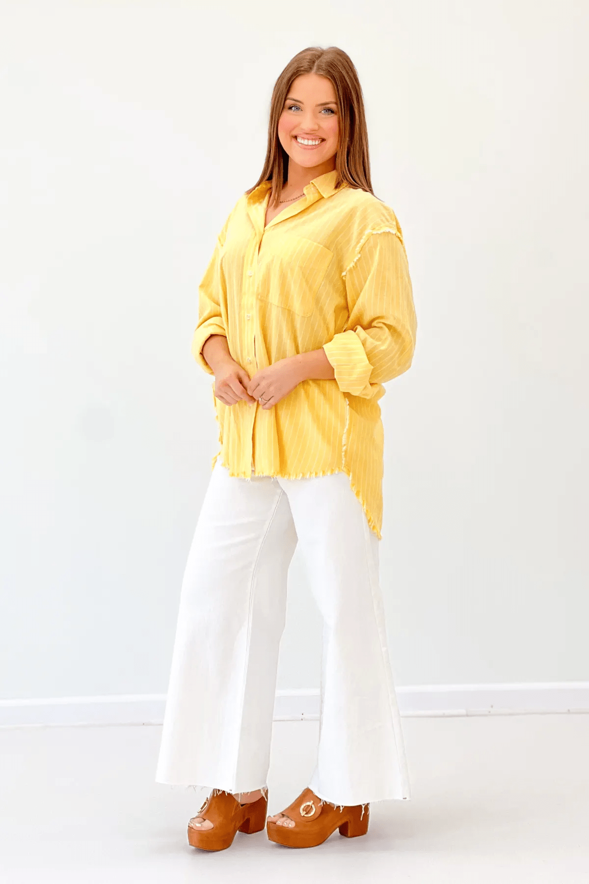 Banana White Stripe Woven Button Up Top - Lavish Boutique Tops