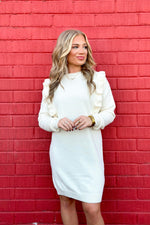 Ivory Long Sleeve Ruffle Detail Sweater Dress