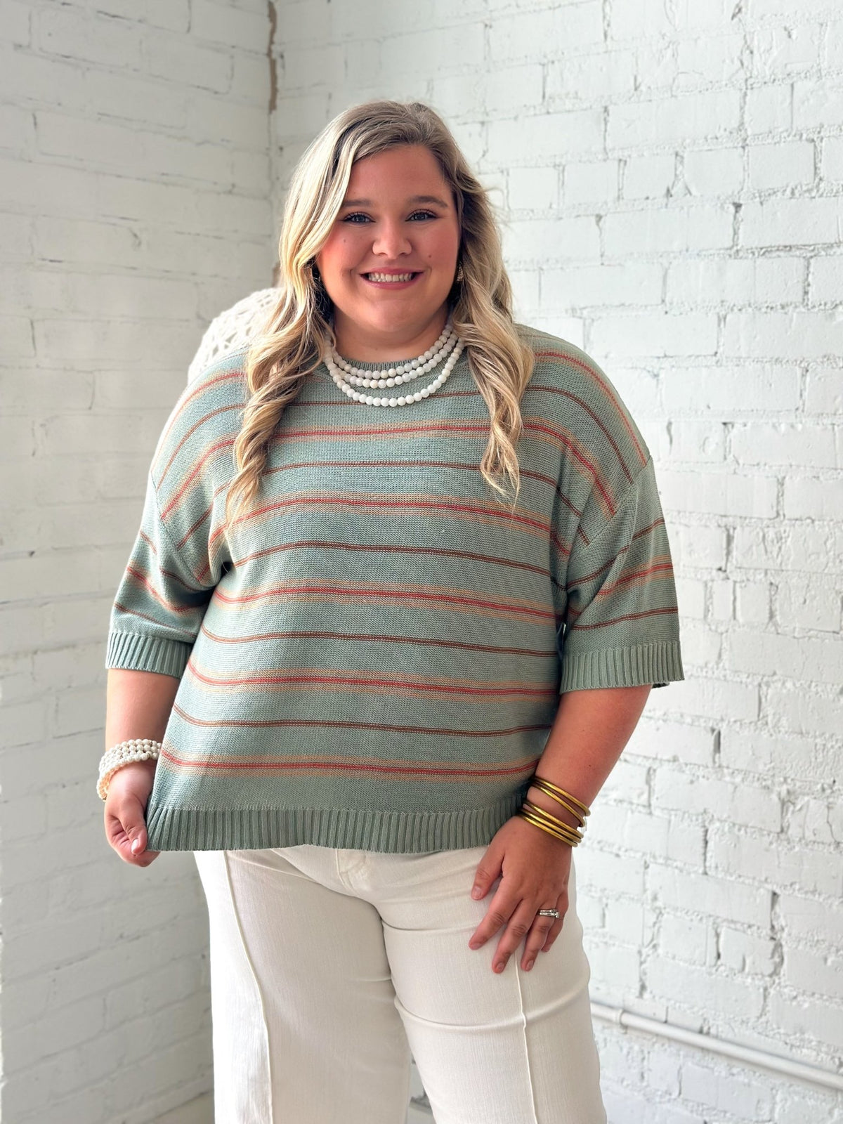 Drop shoulder stripe knit in sage green