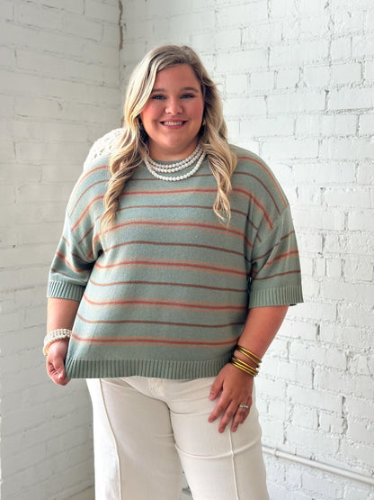 Drop shoulder stripe knit in sage green
