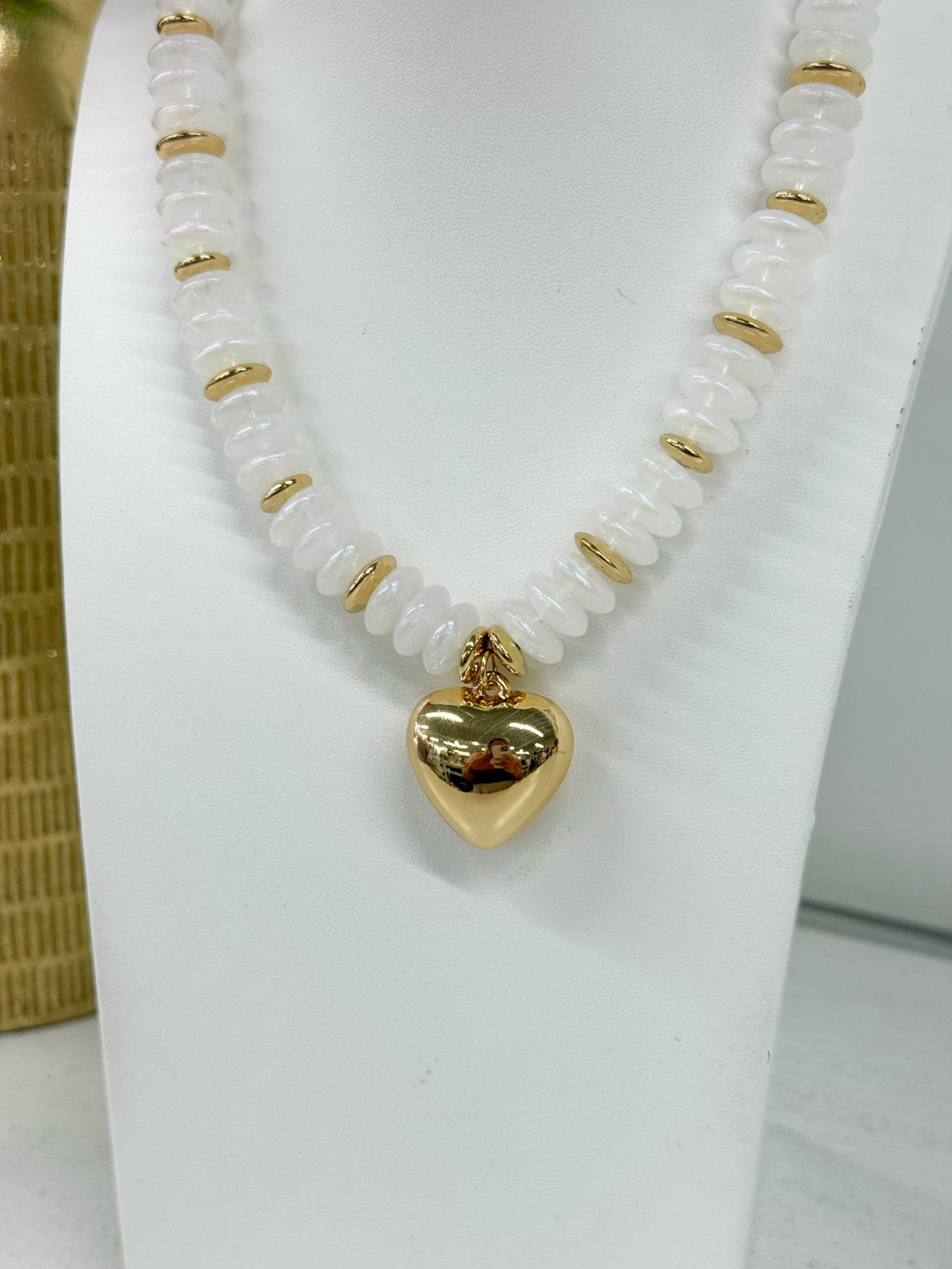 White opal bead necklace finished with a heart