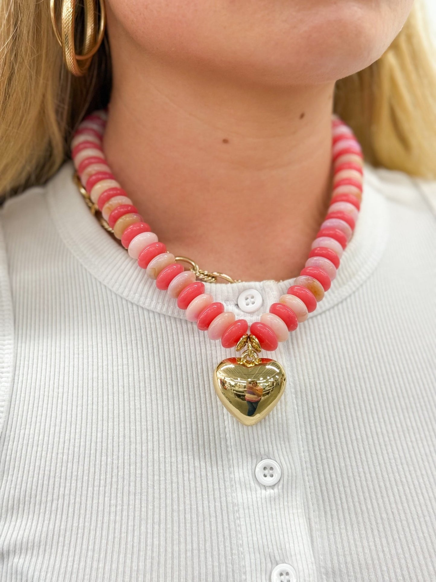 Coral and gold beaded heart charm necklace