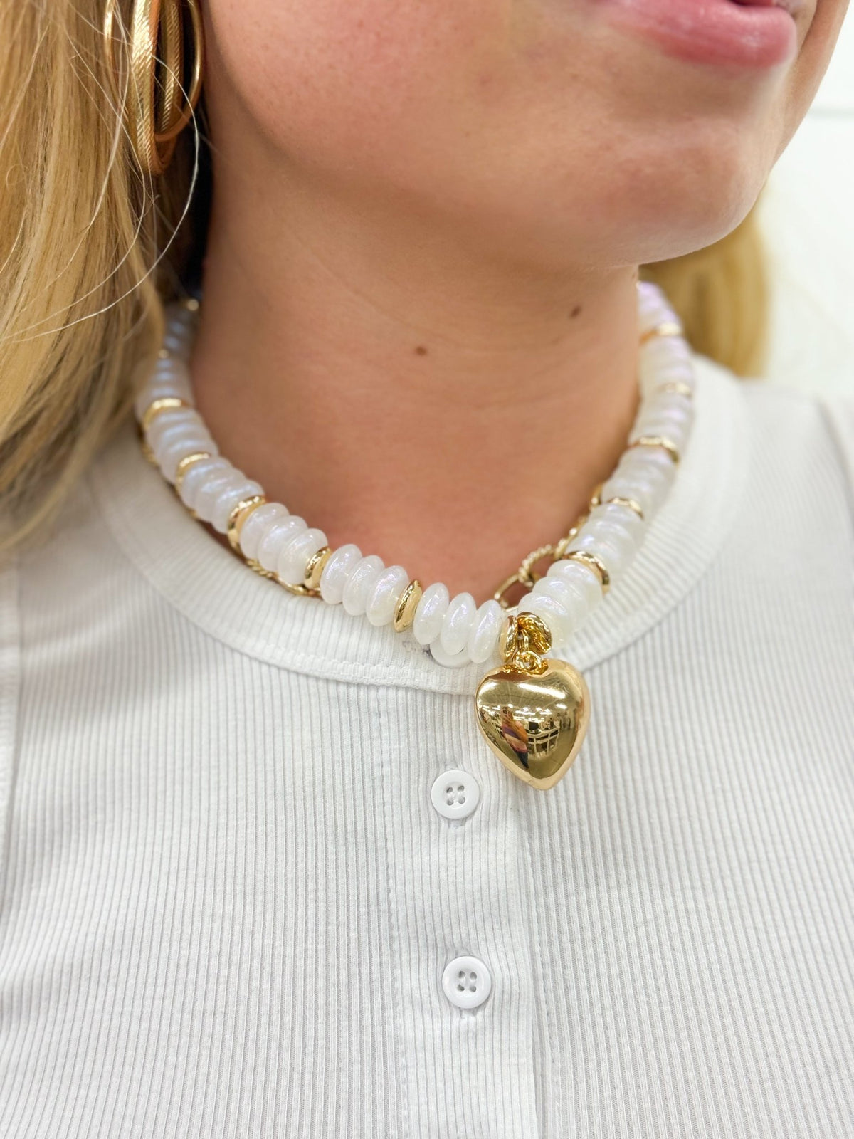 Opal and gold beaded heart necklace
