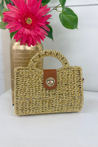 Rectangle basket weave bag in beige with a top handle