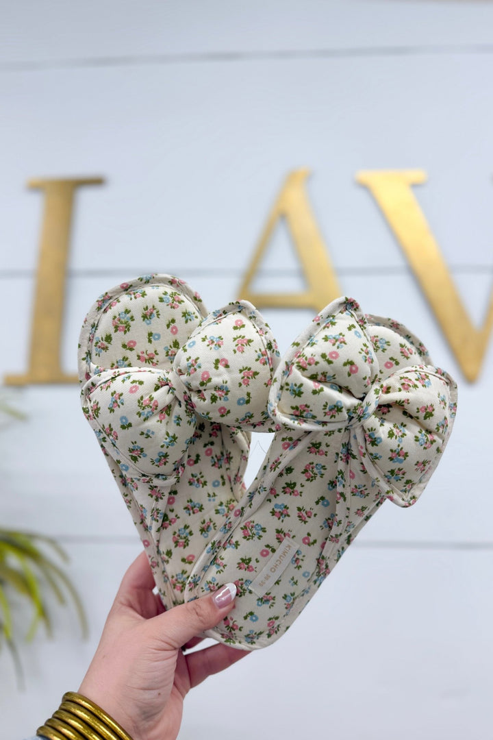 Beige Floral Bow Slippers - Lavish Boutique Shoes
