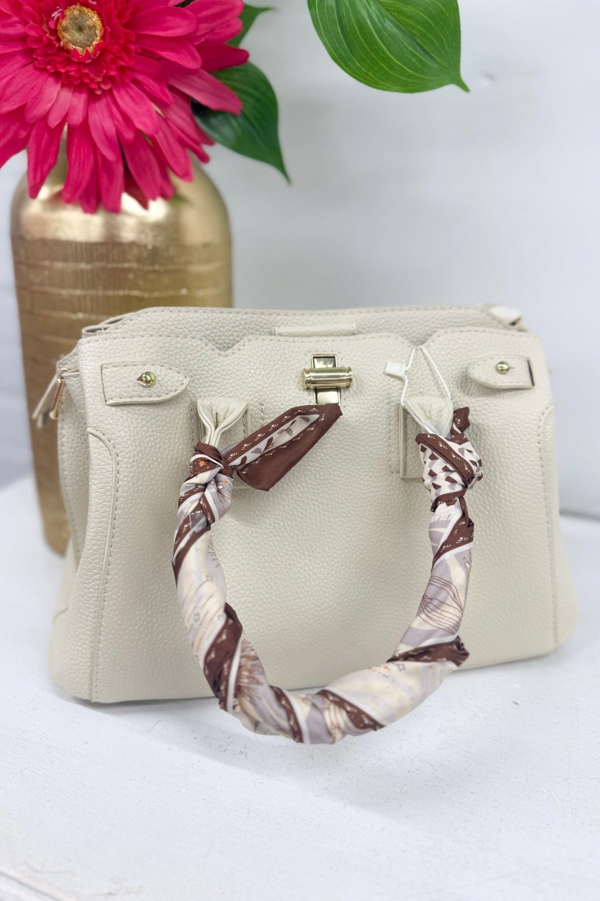 Silk scarf handle satchel in beige