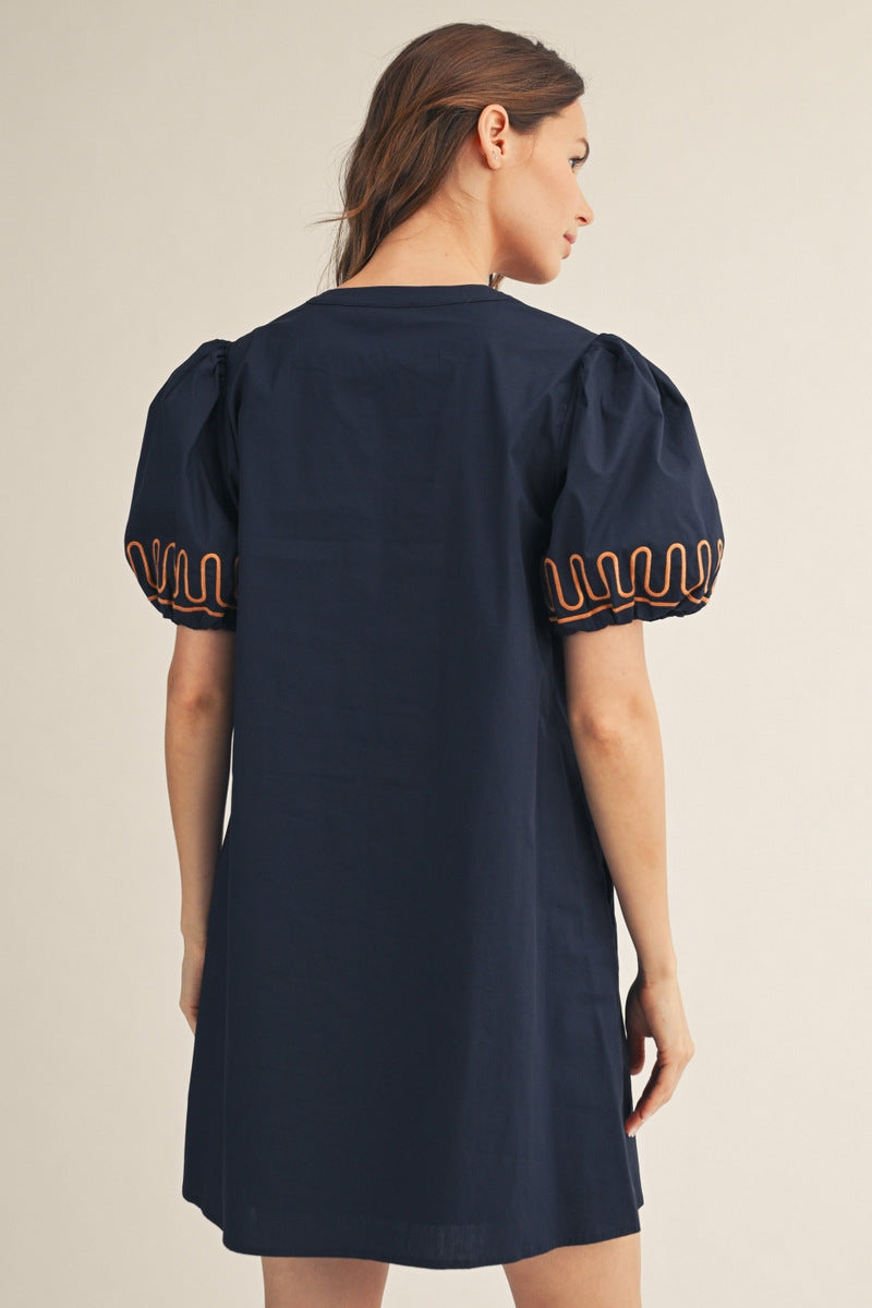 Jodifl Short Sleeve Embroidered Detail Dress in Navy, back