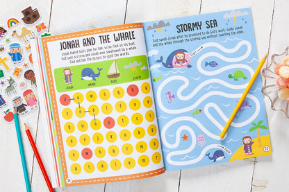 Open activity book showing “Jonah and the Whale” and “Stormy Sea” pages