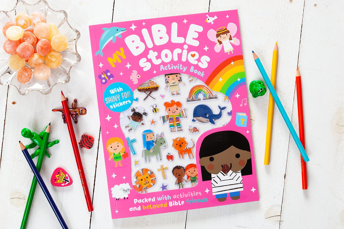 Children’s Bible stories activity book with colorful front cover and sticker scenes